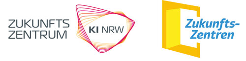 Logos Zukunftszentrum KI NRW und Wortbildmarke Zukunftszentren